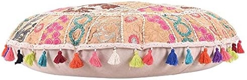 Indian Handmade Patchwork Codework White Round Pouf Cover Ottoman Floor Pillow Cushion Seating Throw Decorative Pom Pom Pillow Cases Bohemian 32 Inches