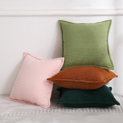 Valentines Day Decorations Corduroy Pink Throw Pillow Covers Set of 2 Striped Boho Decorative with Edge Design,Super Soft Throw Pillow Cushion Covers for Couch Sofa Living Room Solid Square 18×18inch - color: Pink, size: 18" x 18" (Pack of 2)