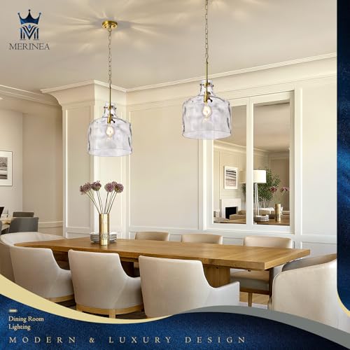 12" Farmhouse Pendant Light, Hand-Blown Clear Hammered Glass Hanging Light Fixture with Brass Gold Finish, Adjustable Chain Ceiling Light for Kitchen Island, Dining Room, Hallway, E26 Socket - color: Chain Gold