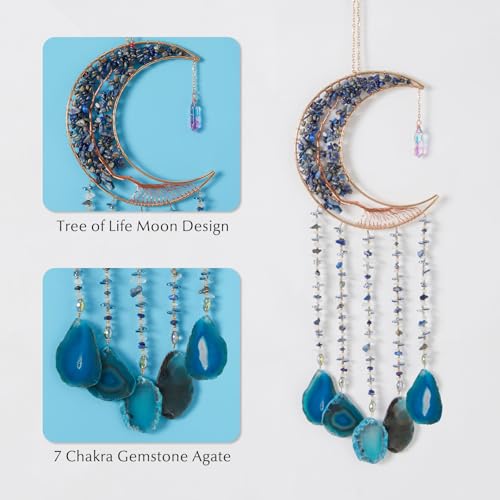 Agate Gemstone Dream Catcher 7 Chakra Tree of Life Dream Catcher with Rainbow Crystal Stones Handmade Dreamcatcher Wall Decor for Adults Boys Girls,Bedroom,Wedding,Garden,Bless Gift(Blue Moon) - color: Blue Moon Agate
