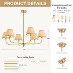 6-Light Boho Rattan Chandelier for Dining Room,37" Farmhouse Chandeliers Light Fixture,Adjustable Height Hanging Pendant Lighting Fixtures for Kitchen Island,Large Hand-Woven Ceiling Lights