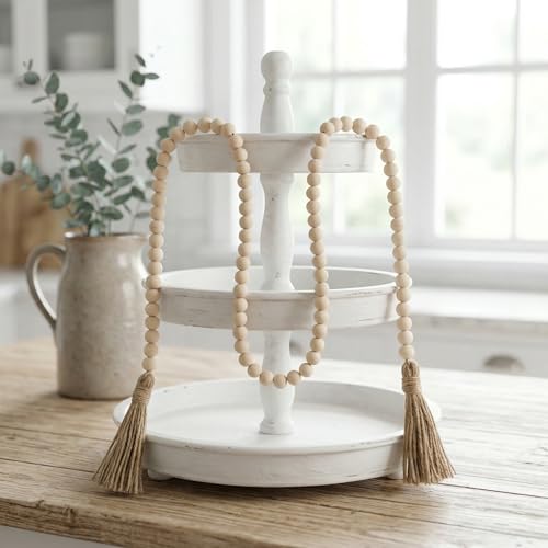 RGB World Farmhouse Beads Long Length Solid Wood Bead Boho Tassel Garland - Rustic Country Solid Beaded Boho Chic Decor for Wall, Above Cabinet & Table