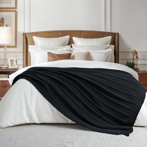Carriediosa Knit Throw Blanket for Couch 60" X 80" Twin, Soft Cozy Stripe Pattern Cable Knitted Throws Fall Fluffy Textured Solid Home Decor Blankets Couch Cover for Bed Sofa, Black - color: Black, size: 60" X 80"
