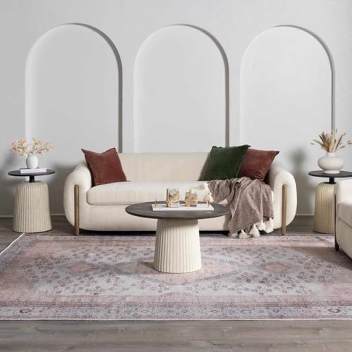 Hauteloom Stella Boho Vintage Oversized Area Rug - Farmhouse Traditional Medallion Carpet for Living Room - Machine Washable - Tan, Pink, Peach, Sage, Blue, Cream - 8'10" x 12' (9x12) - color: Aqua, Black, Blush / Moora, size: 8'10" x 12' (Rectangular)