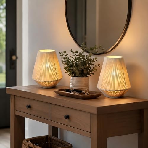 JHY DESIGN Set of 2 Woven Lampshade Table Lamps 8" H Cotton Rope Bedside Light‌s Cordless Decorative Battery Operated Lamps with 6 Hours Timer for Bedroom Living Room Home Parties Patio Events - color: 7"D Off-white