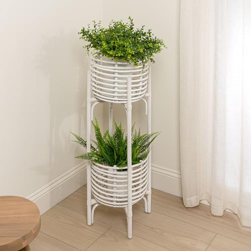JONATHAN Y Zachariah 33.5" Bohemian Minimalist Handmade Rattan 2-Tier Indoor Planter Stand, White Woven Decorative Stand PLN3000W - color: White