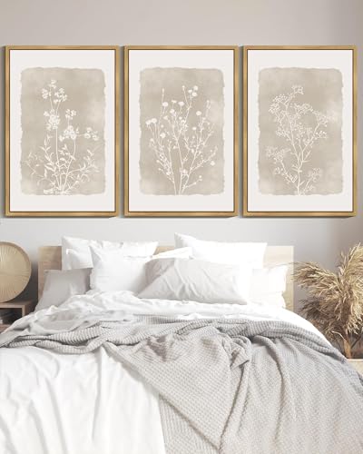 Drsoum Botanical Flower Wall Art Framed Vintage Floral Wall Prints Wildflower Neutral Rustic Bohemain Artwork Farmhouse Bedroom Ready to Hang 24x36in Natural Framed - color: Beige Botanical Floral, size: 36L" x 24W", Natural Framed