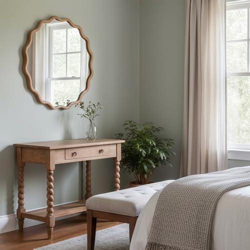 36" Wavy Round Wall Mirror with Solid Wood Frame, Country Irregular Decorative Mirror for Bathroom, Bedroom, Living Room & Entryway, HD Tempered Glass, No Distortion Vanity Mirror (Natural Wood,36“) - color: Natural, size: 36"L x 36"W