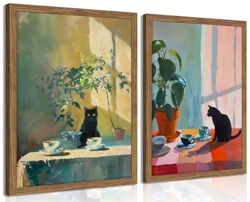 Framed Black Cat Wall Art Set of 2, Vintage Funny Cat Coffee Canvas Wall Decor Paintings, Moody Cute Animal Artwork Prints Picture for Kitchen Dining Room Living Room 12x16 Inch - color: Cat and Coffee, size: 16L" x 12W"