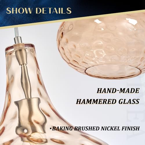 11" Amber Hammered Glass Pendant Light – Brushed Nickel Finish, Adjustable Hanging Cord, Modern Farmhouse Ceiling Light for Kitchen Island, Dining Room, Hallway - color: Amber