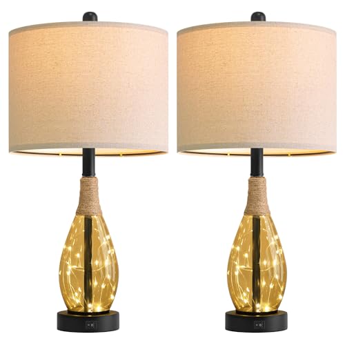 OYEARS 23" Table Lamps for Living Room Set of 2 Bedside Lamps for Night Stands Bedroom Lamps Farmhouse Rattan Boho Lamp Glass Nightlight End Table Lamp,Two Light Points - color: Tea Brown