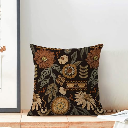 Boho Brown Plant Pillow Covers 20x20 Inch Set of 2, Boho Floral Outdoor Decorative Brown Tropical Leaves Throw Pillows Retro Bohemian Flower Couch Cushion Case for Chair Sofa Bedroom - color: Vc1, size: 20" x 20" (Pack of 2)