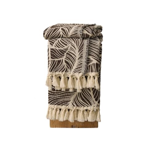 DOWN HOME Chenille Cotton Throw Blanket for Couch, Lightweight Boho Blanket for Bed Sofa Chair Living Room Outdoor Soft Woven Decorative Blanket with Tassel Gift Brown Leaves 55"x60" - color: Brown, size: 55"x60"