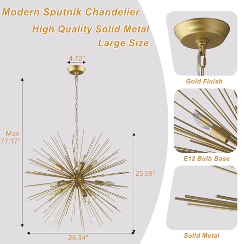 Modern 28.34" Gold Sputnik Chandelier 9-Light Mid-Century Starburst Chandeliers Solid Metal Satellite Firework Urchin Light Fixture for High Ceilings Dining Room Kitchen Living Room, E12 - color: Golden 28.34" 9-Light