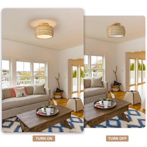 Boho Rattan Flush Mount Ceiling Lights 12 Inch Farmhouse Ceiling Light Fixtures Rustic Wicker Hand Woven Rope Cage for Dining Room Kitchen Bedroom Foyer Hallway Entryway - size: 12 Inch 1 Pack