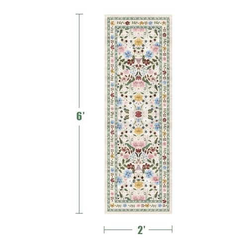 Deerly Floral Runner Rug 2x6 for Hallway Vintage Boho Washable Bathroom Kitchen Bedroom Runner Rugs Non-Slip Soft Low Pile Thin Indoor Carpet for Laundry Room Farmhouse, Beige/Green/Multi - color: Beige/Green/Multi, size: 2' x 6' (Runner)