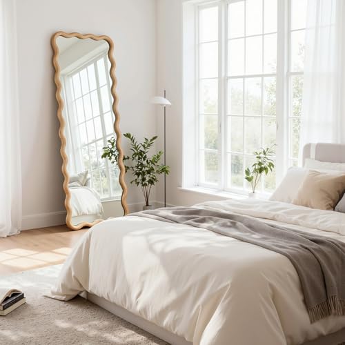 sawsile Large Full Length Mirror,18x48 inch Wood Asymmetrical Bathroom Modern Rectangle Wave Vanity Farmhouse Full Body Mirrors for Bedroom Living Room Entryway Hallway Fireplace - size: 48"L x 18"W