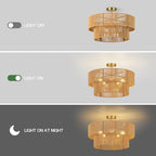 22” Boho 2-Tier Rattan Ceiling Light Fixture, 5-Light Flush Mount Woven Chandelier for Bedroom, Dining Room, Kitchen, Entryway, Living Room, Rustic Gold Lighting - color: Pattern C