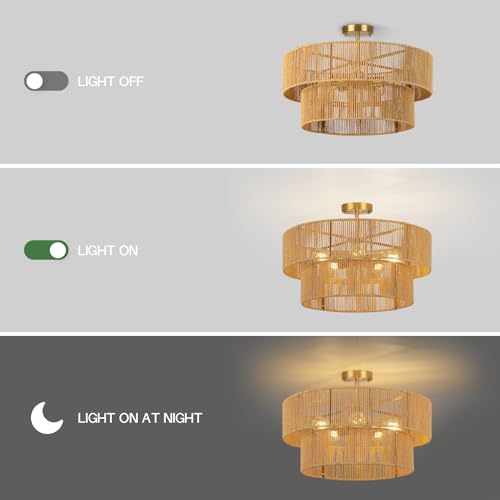 22” Boho 2-Tier Rattan Ceiling Light Fixture, 5-Light Flush Mount Woven Chandelier for Bedroom, Dining Room, Kitchen, Entryway, Living Room, Rustic Gold Lighting - color: Pattern C