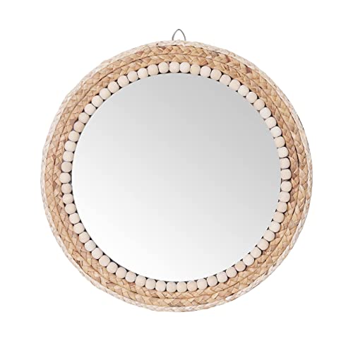 15 Inch Boho Round Hanging Wall Mirror Decorative Rattan Circle Mirrors for Farmhouse, Living Room, Bedroom - color: 15 Inch Wood