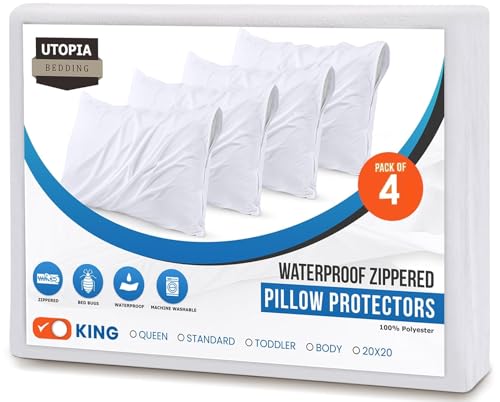 Set of 4 Pillow Protectors with Zipper King Size, Bed Bug and Dust Mite Proof Pillow Covers, Ultra Soft Pillow Encasements, Moisture Wicking and Waterproof Pillow Cases by Utopia Bedding (White) - size: King (Pack of 4)