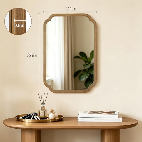 HOMECOOKIN Wood Bathroom Mirror for Wall Decor Arched Rounded Corner Rustic Wood Frame Wall Mirror Home Decorative for Vanity, Living Room, Bedroom, Entryway (24 x 36 inch, Natural) - color: Natural, size: 36"L x 24"W