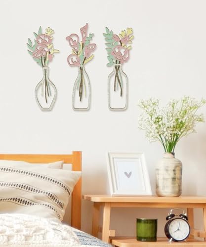 Putuo Decor Flowers Wall Arts Set of 3，Rustic Farmhouse Style Decor，Minimalist Flower Natural Themed Wall Decors for Living Room Bedroom Bathroom Office Nursery Farmhouse Modern - color: Pink