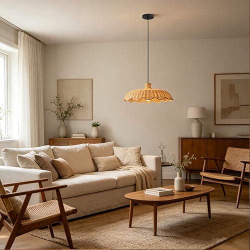 MIXL-Hand Woven Natural Rattan Pendant Light,Adjustable Height Ceiling Hanging Lamp,Farmhouse Dining Table Light,Vintage Style Pendant Lamp for Study Room Corridor - color: 25.59 Inches