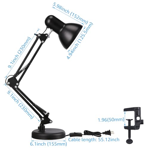 TORCHSTAR Metal Desk Lamp with Clamp, Swing Arm, Architect Adjustable Gooseneck Table Lamp, Clip Desk Lights for Home Office, Work, Study, Reading, E26 Base, Multi-Joint, Black - color: Black