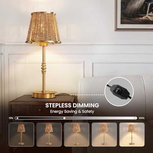 Bedside Table Lamp for Bedroom: Rattan Desk Lamp with Dimming Knob & AC Outlet, 18'' Vintage Nightstand Lamp with 70.8'' Power Cord for Living Room Dorm Office Kids Room Ambient Lighting(E26, No Bulb) - size: Corded Electric