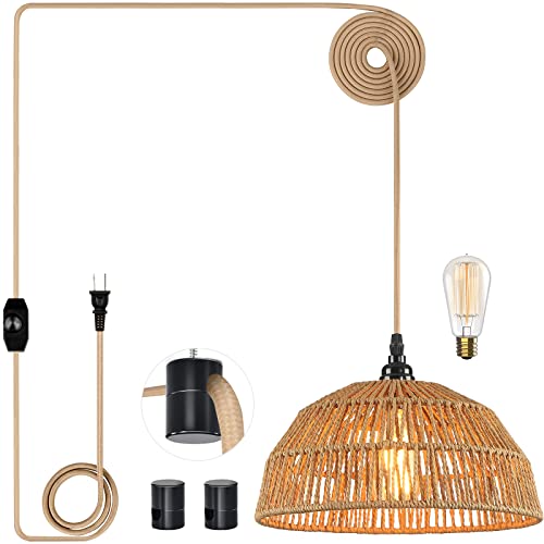Plug in Pendant Light, Hanging Lights with 15ft Golden Cotton Cord & Stepless Dimming Switch, Handwoven Hemp Rope Lampshade, Boho Hanging Lamp for Kitchen, Hallway (Bulb & 2 Swag Hooks Included) - color: Rattan 11.8"