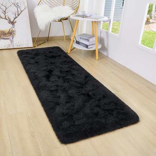 DETUM Black Bedroom Rug 2X6 Runners Fluffy Area Rugs for Hallyway Entryway Kitchen Bedside Soft Kids Room Rugs Furry and Washable Kids and Pets Friendly - color: Black, size: 2 x 6 feet