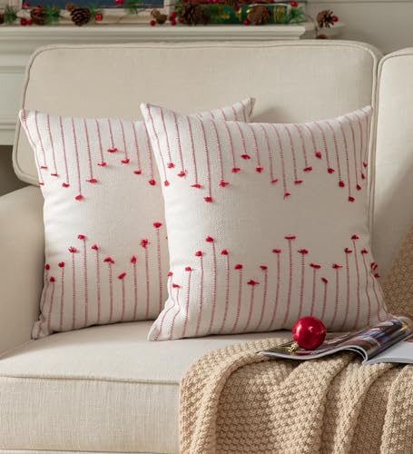 Caflife Boho Christmas Throw Pillow Covers 18x18 Set of 2, Christmas Decorations Pillow Covers Beige with Red Line for Modern Farmhouse Couch Sofa Bedroom Living Room Outdoor - color: Red Beige, size: 18" x 18" (Pack of 2)
