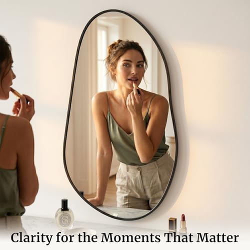 Large Irregular Wall Mirror 38" x 20", Asymmetrical Black Bathroom Vanity Mirror with Matte Aluminum Frame and Tempered Glass, Organic Shape Decor for Entryway and Living Room - color: Black, size: 38"L x 20"W