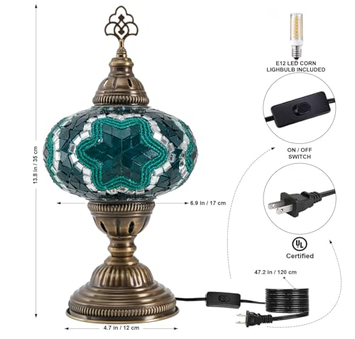 Turkish Mosaic Table Lamp with Bulb – Handmade Turquoise-Teal Stained Glass Light, Vintage Bohemian Bedroom & Living Room Decor, E12 Socket & US Plug - color: Turquoise Teal