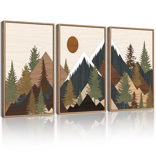 KUVIOKE Morden Mountains Framed Wall Art Boho Pine Tree Forest Nature Landscape Artwork Bohemain Farmhouse Rustic Bedroom Living Home Decor 11x14in (Natural Framed) - color: Wooden Mountain Sunrise, size: 11 x 14in x 3 Panels Natural