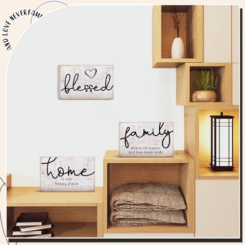 Jetec 3 Pcs Family Home Blessed Rustic Wood Sign Mini Wood Decorative Farmhouse Woodworks Table Shelves Decorations Sign for Bedroom Kitchen Living Room Table Decor(Retro Color,4.25 x 2.76 x 0.59 in) - color: Retro Color, size: 4.25 x 2.76 x 0.59 in