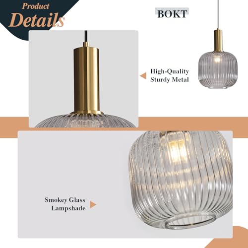 BOKT Modern Smoke Gray Glass Pendant Light 2-Pack Kitchen Island Globe Striped Pendant Lights Farmhouse Adjustable Cord Hanging Light Fixture for Dining Room - color: Smoke Gray-2 Pack