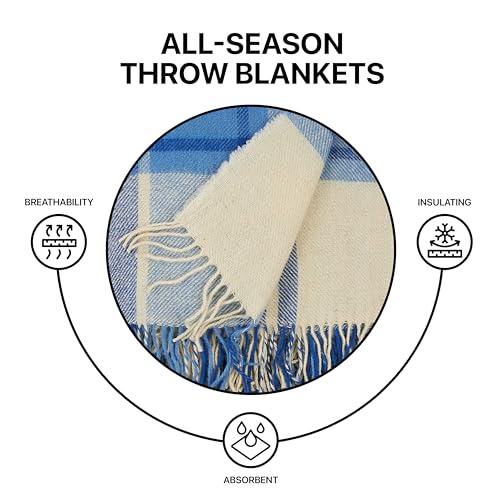 New Zealand Virgin Wool Throw Blanket, Indoor and Outdoor Blankets and Throws, Comfortable Soft Blanket with Fringes and Tartan Pattern, 67 x 79 in, Queen Size, Blue and White - color: Blue and White