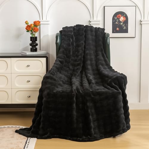 YUSOKI 3D Fleece Bubble Throw Blanket | 380GSM Ultra Soft Fluffy Plush | Non-Shedding Lightweight Cozy Blanket for Couch Sofa Bed | All Season(Black,50 * 60inches) - color: Black, size: Throw(50" x60")