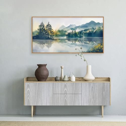 HPNIUB Large Green Mountain Framed Canvas Wall Art Set, Nature Foggy Forest Lake Reflection Wall Decor,Modern Pine Tree Artwork,Watercolor Landscape Art Print for Living Room,Bedroom,Office-20 x40 - color: Nature Mountain Wall Art, size: 40"L x 20"W