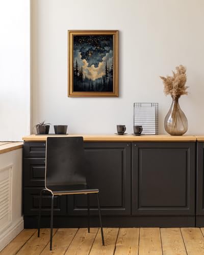 HUARCEY Gold Framed Canvas Wall Art, Celestial Stars Night Picture Decor, Living Room Bedroom Dark Landscape Nature Art, Sky Forest Vintage Canvas Paintings, 12x16inch - color: Celestial Stars Art, size: 16"L x 12"W
