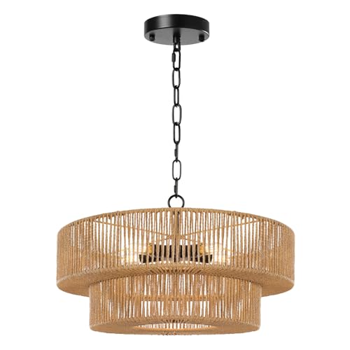21.6 Inch Boho Rattan Chandelier, 5-Lights Hand Woven Bohemian Chandeliers with 2-Tier Drum Wicker Shade, Modern Farmhouse Large Pendant Light Fixture for Dining Room Living Entryway Bedroom - color: Matte Black Metal, size: 21.6 Inch