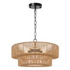 21.6 Inch Boho Rattan Chandelier, 5-Lights Hand Woven Bohemian Chandeliers with 2-Tier Drum Wicker Shade, Modern Farmhouse Large Pendant Light Fixture for Dining Room Living Entryway Bedroom - color: Matte Black Metal, size: 21.6 Inch