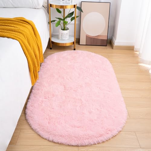 Goideal Fluffy Bedroom Rug, Small Oval Area Rugs, Pink Shag Bedside Carpet for Kids Room Nursery Dorm Cute Fuzzy Indoor Decor for Boy and Girl, 2.6 x 5.3 Feet - color: Pink