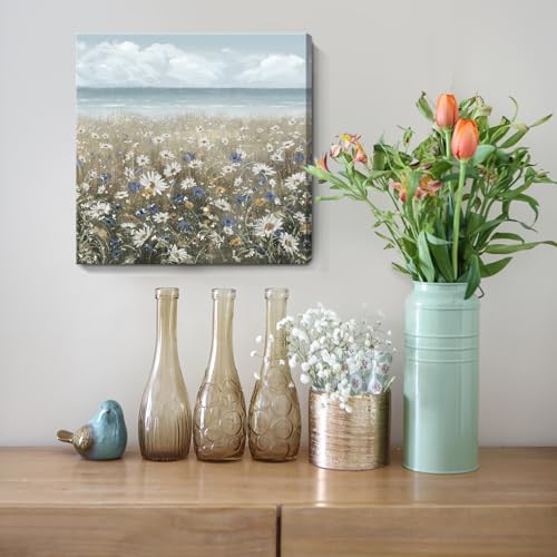 Canvas Wall Art Beach Floral Wall Picture Coastal Boho Farmhouse Daisy Flowers Nautical Sea Ocean Wildflowers Canvas Print Vintage Artwork for Small Rustic Bathroom Bedroom Living Room Office Décor - color: Coastal Flower Sea Art, size: 13"L x 13"W