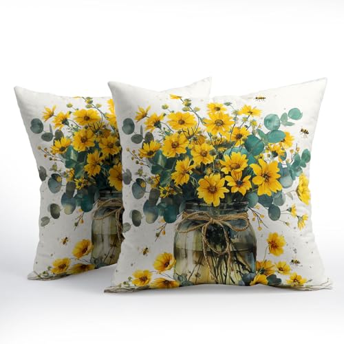 Summer Yellow Floral Pillow Covers 16x16 Inches Eucalyptus Flowers Decor Vase Bee Farmhouse Throw Pillow Case Set of 2 Pillow Cover Cotton Linen Cushion Cover for Home Couch Sofa Bedroom Livingroom - color: Eucalyptus Flowers240413, size: 16" x 16" (Pack