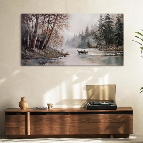 HGUAOA Mountain Canvas Wall Art Rustic Lake Landscape - Nature & Forest Scenery Paintings Pictures for Living Room & Bedroom Wall Decor Vintage Artwork for Walls - color: Rustic, size: 48"L x 24"W