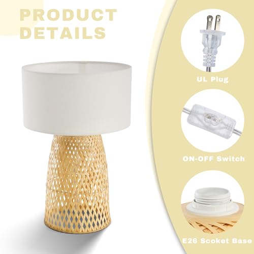 Boho Bamboo Table Lamp, Handwoven Bedside Lamp with Linen Shade, Small Natural Weave Nightstand Light for Living Room, Tea Room, Desk,White - color: White