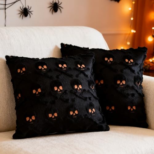 Black Skull Halloween Throw Pillow Covers 18x18 inch Set of 2, Spooky Tufted Embroidered Plush Cushion Covers for Couch Sofa Holiday Decor - color: Skeleton